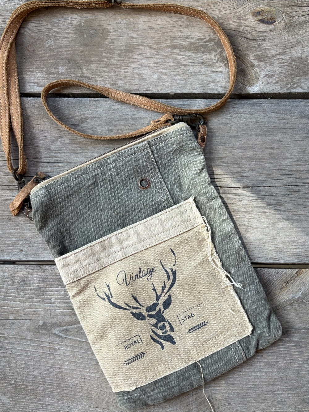 Myra Bag Olive & Beige Canvas Crossbody with Stag Print